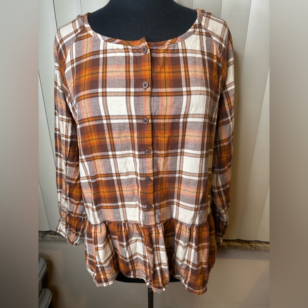 Place Women’s Plaid Neutral Flannel Peplum 100% Cotton Top - Brown Size XXL